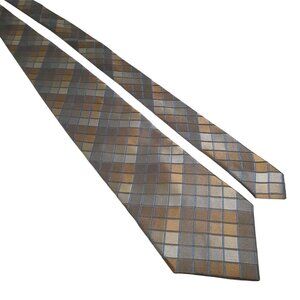 Geoffrey Beene Brown Blue Plaid Silk Men Tie Office Dad Gift Designer Accessory